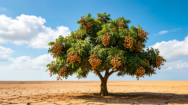 Fruiting longan tree standing alone on dry cracked land