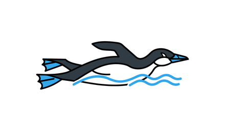 Illustrated penguin swimming in blue water waves. © Boki