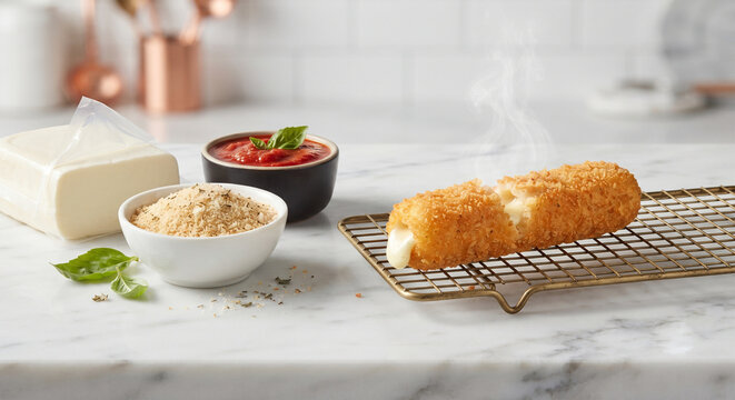 A clean product shot showcasing the raw components vs. the finished classic. On a white marble counter sits a block of firm mozzarella, a bowl of seasoned breadcrumbs