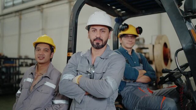 Three workers in a factory setting. One stands proudly, arms crossed, smiling. Another sits on a forklift, looking confident. Third stands beside them, also smiling. They wear hard hats and work gear
