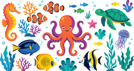 Fototapeta premium Cute Sea Creatures Vector Collection with Octopus Seahorse Turtle Jellyfish Clownfish and Coral Reef Elements for Children Digital Graphic Designs