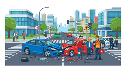 Naklejka premium Car accident scene in city street with victims and police illustration