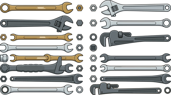 Wrench and spanner tool collection featuring adjustable wrenches, pipe wrenches, combination spanners, and mechanic hand tools vector set