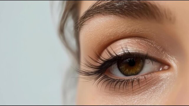 Serene close up eyelid and eyelash portrait of hazel eye with soft brown eyeshadow makeup
