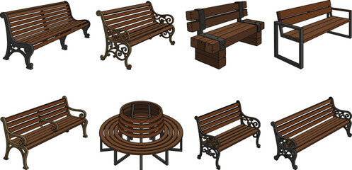 Wooden park bench collection featuring classic outdoor benches, modern seating, garden furniture, and public park seating vector set © Shabita