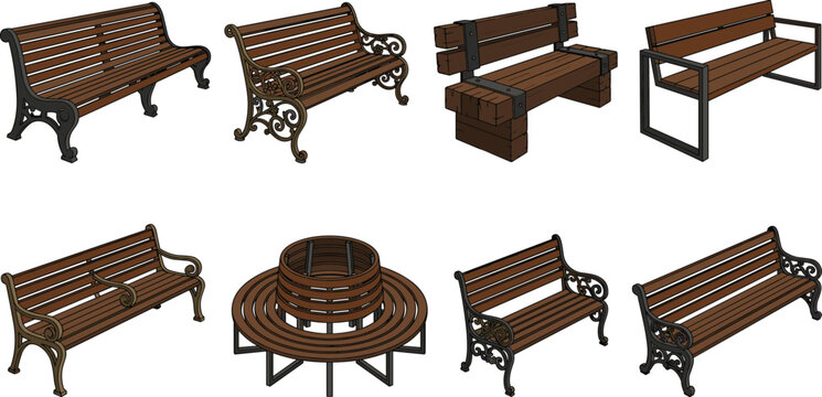 Wooden park bench collection featuring classic outdoor benches, modern seating, garden furniture, and public park seating vector set