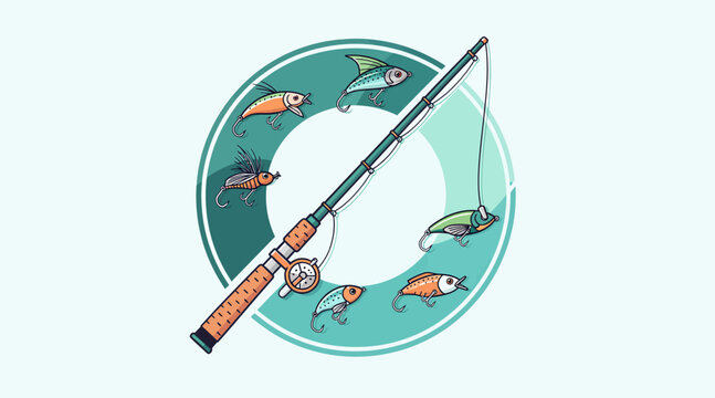 Fishing Rod and Lures Circle Icon Vector Illustration