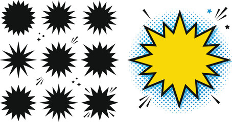 Comic, burst, star, bubble, yellow, explosion, pack, vector, illustration, set © ARIFUL
