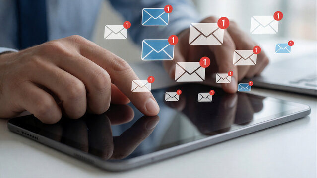 Digital email marketing concept with businessman using tablet, incoming message notifications icons, corporate communication and newsletter strategy