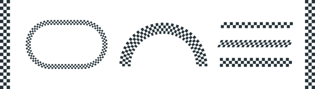 checkered racing flag set. Monochrome motorsport oval racetrack, curved arch rocker, and divider line. Retro checkerboard emblem framing elements.