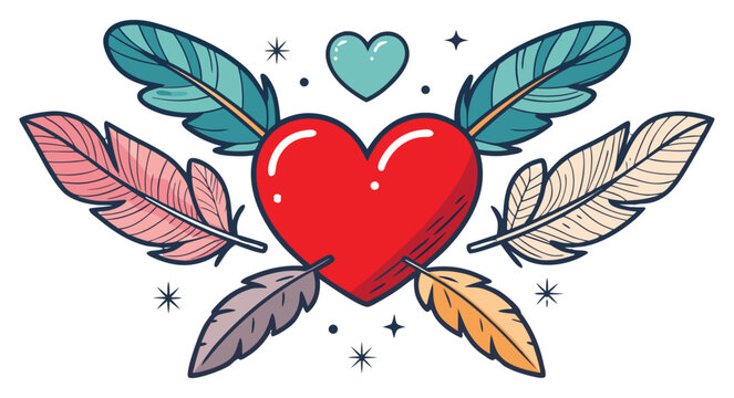 Romantic red heart with colorful feather wings and magic sparkles vector illustration