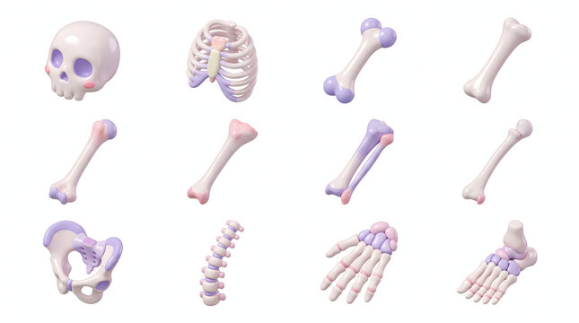 Stylized 3D human bones collection, 12 pastel skeleton anatomy elements, purple and pink medical icons on white background