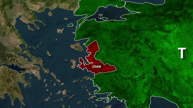 animated map footage highlighting the Izmir region within Turkey