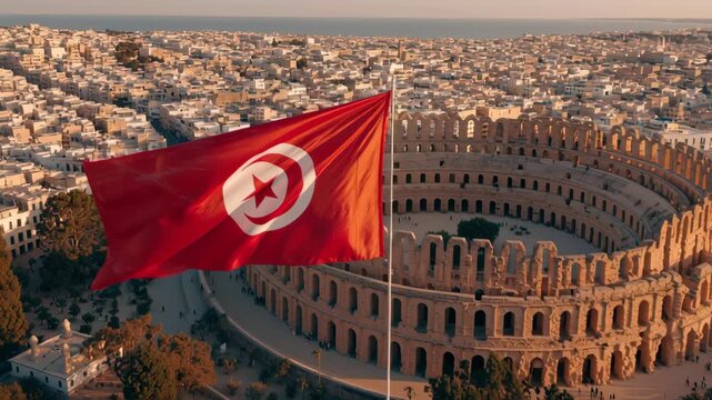 Tunisian flag waving over El Jem amphitheatre in Tunisia at sunset