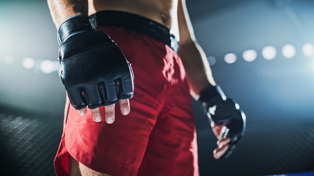 MMA Fighters Get Ready to Fight Inside the Cage Before the Opening Round. Close View Shows a Athlete Steady and Focused, Competitive Martial Arts Match, Fight Champion Title Belt