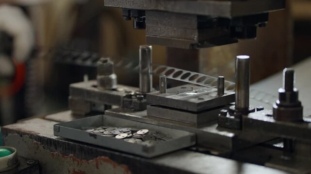 Worker adjusts metal mold with gloved hands. Machine hovers above coins ready for pressing. Tooling shows industrial precision in a factory. Scene captures manufacturing focus and craftsmanship