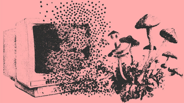 Broken computer monitor with a colorful mushroom vector illustration. Digital art in a flat style with a textured screen against a pink background.