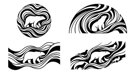Obraz premium Set of four polar bear illustrations with abstract flowing wave patterns for wildlife and arctic themed graphic design projects