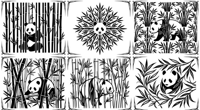Giant panda bears in bamboo forest frame collection black and white vector illustrations