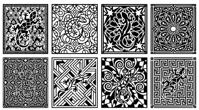 Collection of eight geometric lizard patterns in black and white vector art style