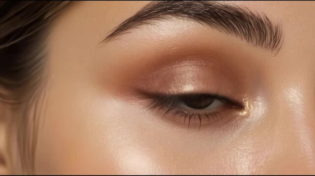 Golden shimmer eyeshadow on closed eyelid with brush applying soft eye makeup glam
