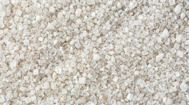 White Granulated Sea Salt Crystals Texture Background with Translucent Coarse Mineral Facets, Organic Crystalline Sugar Pile and Clean Macro Cosmetic Scrub Backdrop
