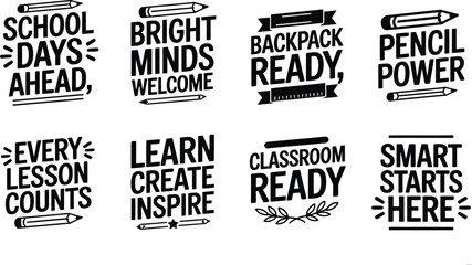 Back to school typography set, 8 motivational education quotes for students, black hand drawn lettering for classroom decor and teacher supplies isolated PNG with Transparent Background © Akbor Studio