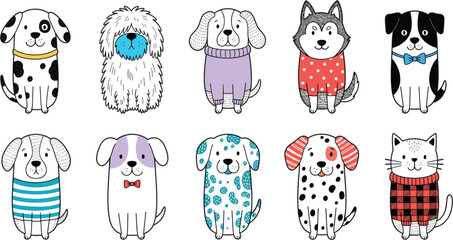Cute hand drawn cartoon vector illustration set of character dogs © ARIFUL