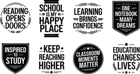 Vintage school typography badges, set of 8 education quotes vector, black and white classroom motivational labels for student posters and apparel isolated PNG with Transparent Background © Akbor Studio