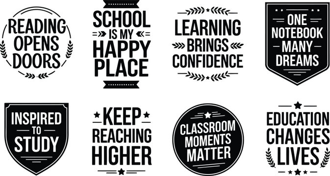 Vintage school typography badges, set of 8 education quotes vector, black and white classroom motivational labels for student posters and apparel isolated PNG with Transparent Background