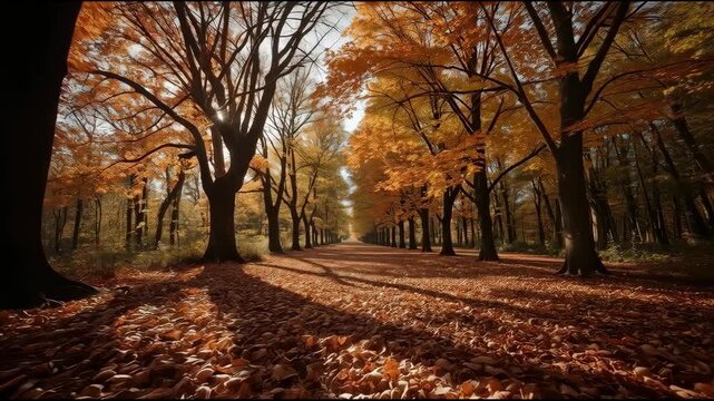 Autumn avenue lined with orange maple leaf canopy, sunlit pathway and long tree shadow glow