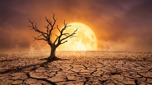 Lonely Dead Tree Standing on Barren Cracked Earth Under a Giant Golden Moon