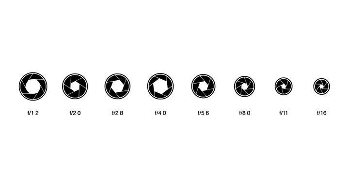 Camera Aperture Diagram Set Showing Different F-Stop Values with Graphic Circular Blades Featuring Lens, Fnumber, Icon