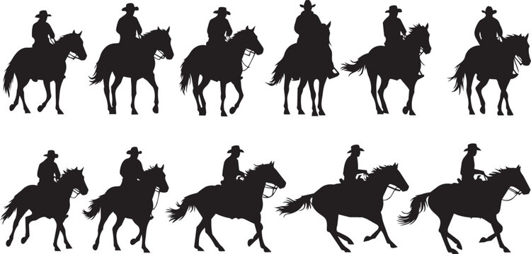 Cowboy riders in silhouette against a white background showing various poses and movements during a rodeo