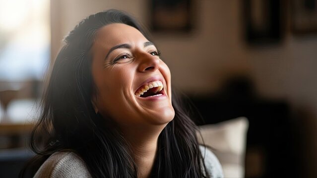 Woman laughing with open mouth enjoying happiness indoors and positive emotions