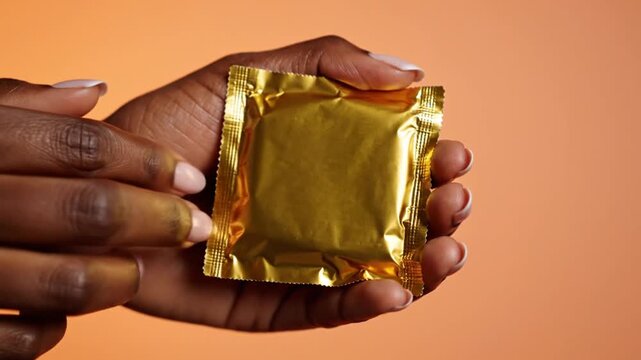 Person holding a gold condom wrapper against an orange background