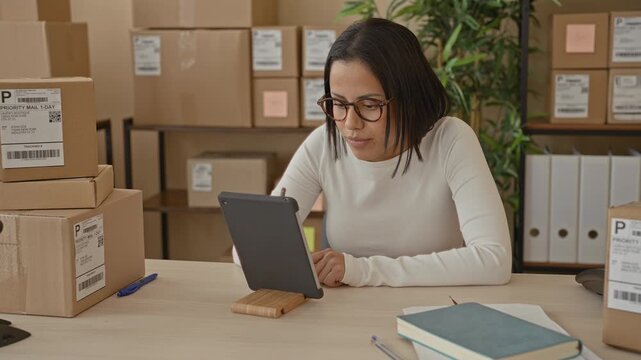 Young hispanic woman using tablet and stylus to log parcels and tap screen at desk surrounded by boxes in building; focused entrepreneurship.