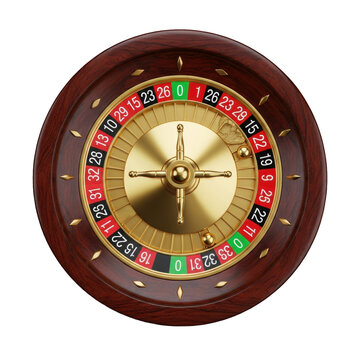 highly detailed european roulette wheel, polished mahogany wood and 24k gold trim, ball rests in green '0', isolated on deep black background. concept of high stakes