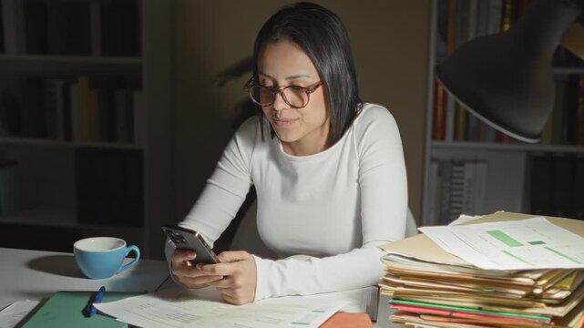 Woman with glasses holding smartphone with both hands and smiling at desk strewn with books, folders and a coffee cup under lamp in building; concentration study night.