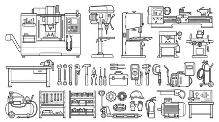 Obraz premium Industrial Workshop Equipment and Tools Vector Illustration