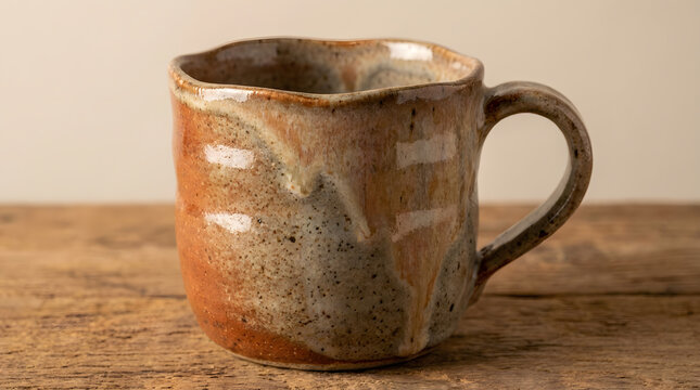 Close-up of handmade ceramic mug with intentional glaze drips and imperfect rim, artisan pottery craft connection concept