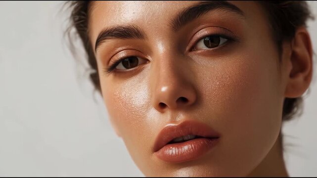 Glowing close up portrait young woman dewy skin radiant face with subtle droplets natural makeup