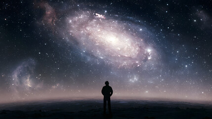 Fototapeta premium A solitary figure gazed in wonder at the expansive, radiant galaxy and wisps of nebulae against the starry night heavens