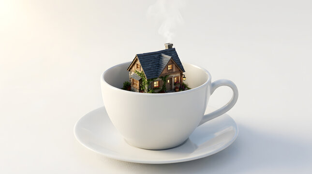 Surreal concept of tiny miniature house sitting inside oversized white coffee cup with steam rising, playful scale art
