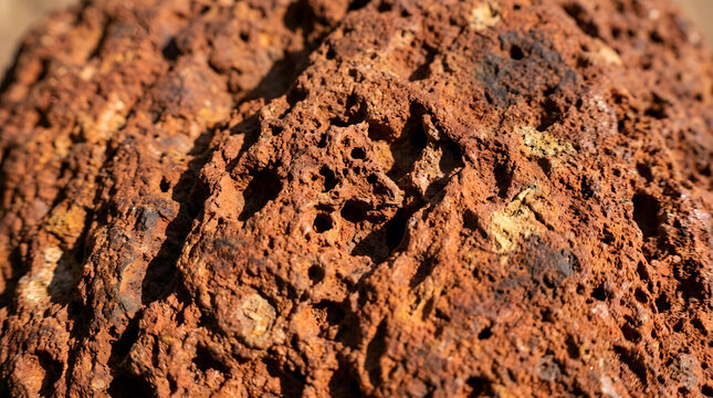 Extreme macro of vibrant Kerala red laterite stone texture and surface pattern, local natural material geological concept