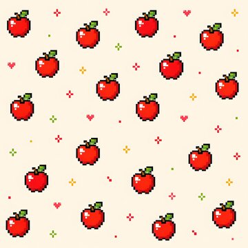 Seamless pixel art apple pattern with cute retro 8-bit fruit icons.