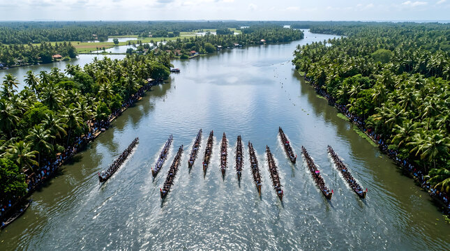 Aerial drone view of traditional Kerala snake boat race on backwater river, cultural heritage water sport South India