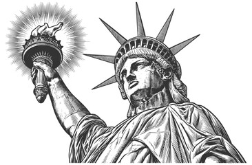 Obraz premium Statue of Liberty holding a torch, symbolizing freedom, America, democracy, and New York heritage sketch engraving generative ai vector illustration. Scratch board imitation. Black and white image.