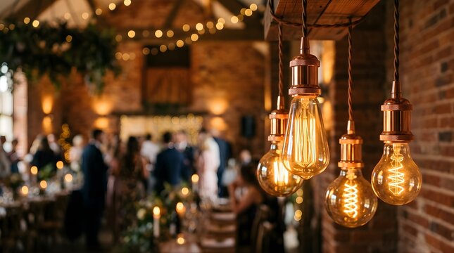 Hanging Edison bulbs illuminate a blurry wedding reception in a rustic barn