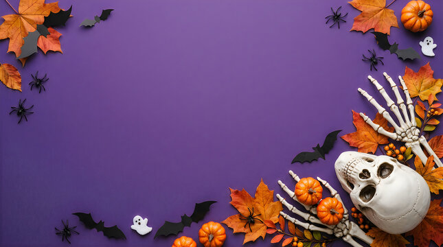 Halloween background, spooky purple, orange flowers, skeleton, bats, autumn leaves, holiday decoration halloween